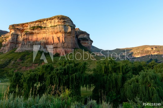 Picture of South Africa Drakensberge Golden Gate national park landscape scenic panoramic color landscape picture taken on a sunny day - impressive nature with rock landmark blue skytress 